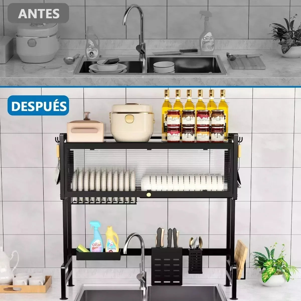 KITCHEN MASTER 2.0™ 👨🍳🧽 (65×30×80cm): Seca, organiza y mantiene todo libre de moho y gérmenes.